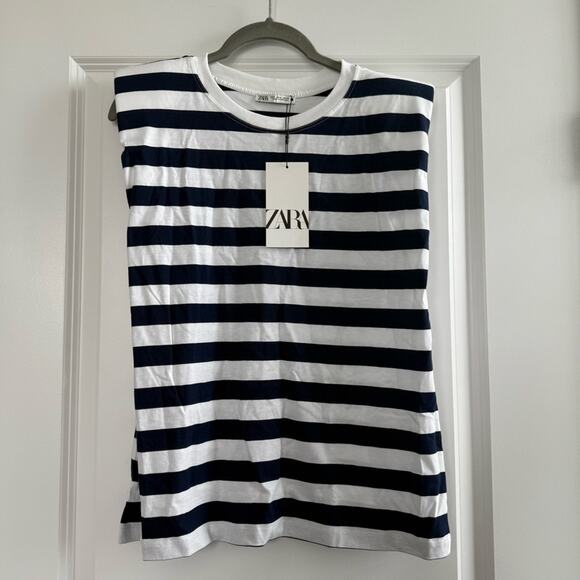 Zara Cotton Striped Shoulder Pad Top T-Shirt - Picture 5 of 8